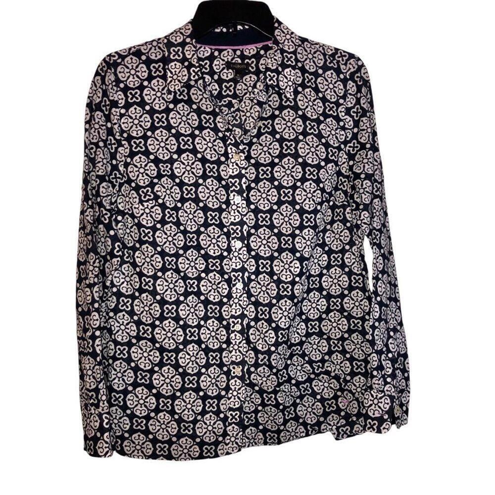 Talbots SZ M Navy Sheer Cotton Long Sleeve Blouse Button Down Shirt Bohemian